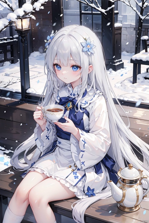 , 1girl, lantern, long hair, blue eyes, flower, hair ornament, hair flower, snow, cup, sitting, solo, cat, bangs, holding, outdoors, winter, snowing, seiza, animal, tree, long sleeves, grey hair, dress, closed mouth, looking away, blue flower, wide sleeves, very long hair, teapot, holding cup, teacup