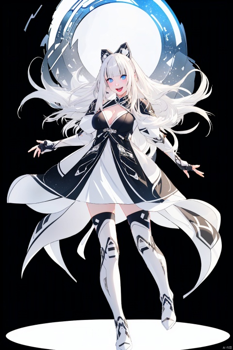 tianqiji,1girl,bangs,blue eyes,boots,breasts,dress,full body,gloves,long hair,looking at viewer,open mouth,smile,solo,thighhighs,transparent background,white hair