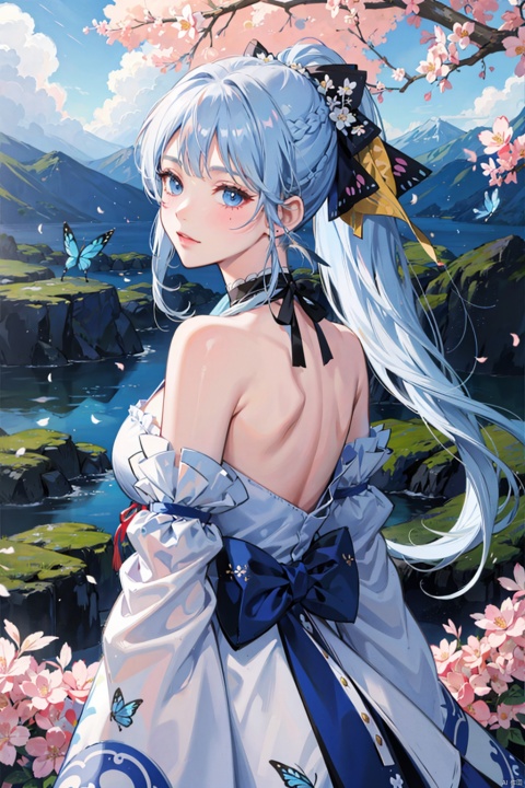 , 1girl, butterfly, bug, long hair, solo, flower, looking at viewer, outdoors, blue eyes, sky, bangs, detached sleeves, ponytail, blue hair, hair ornament, kamisato ayaka, white flower, cloud, blurry, earrings, jewelry, bare shoulders, long sleeves, blue butterfly, closed mouth, blush, looking back, ribbon, hair ribbon, sidelocks, japanese clothes, blue sky, breasts, braid, sash, day, very long hair, from behind, bow, tassel, cloudy sky, standing, medium breasts, mole, depth of field, light blue hair, wide sleeves, dress, choker, mole under eye