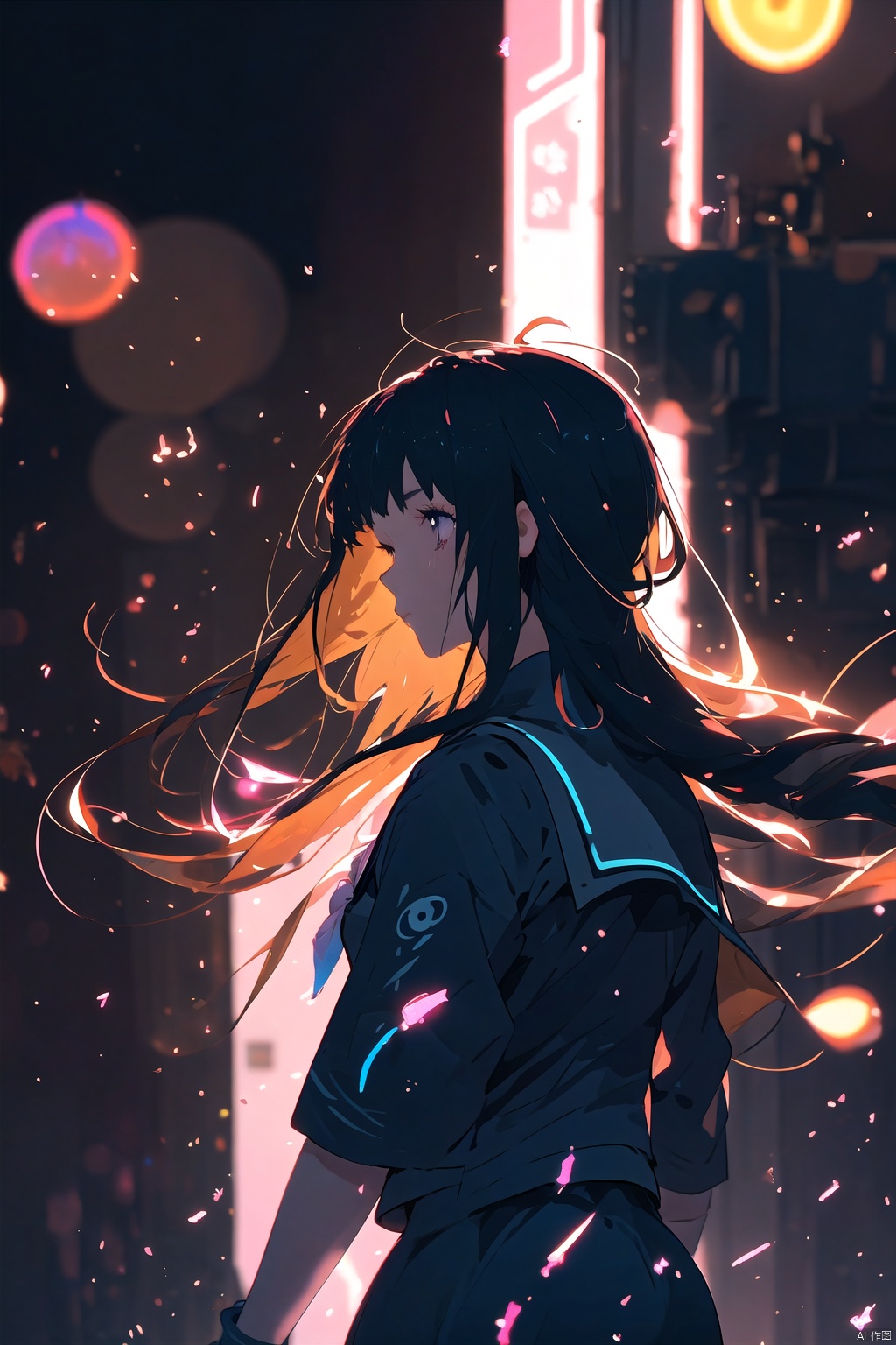 black background,(neon lights:1.2),colorful,silhouette,1girl,solo,long hair,floating hair,serafuku,fog,dyntall effect,light particles,bokeh,blurry,depth of field,blurry background,backlighting,shadow,facing away,
