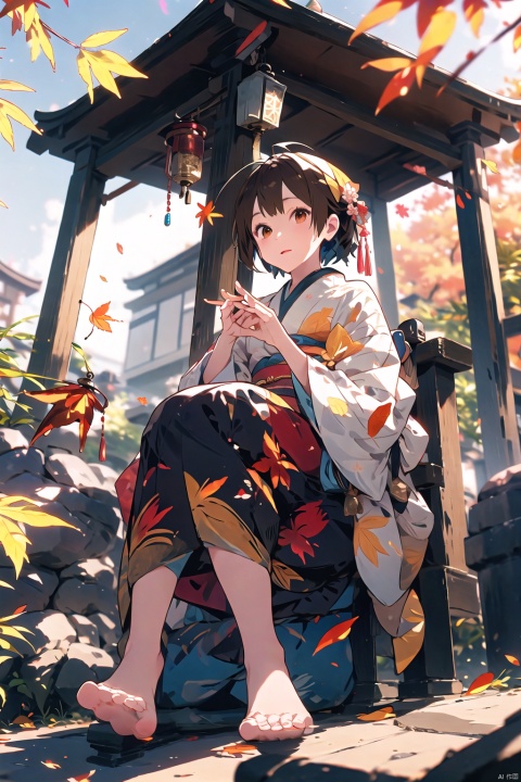 feet, barefoot, virtual_youtuber, 1girl, hat, solo, blue_hair, long_hair, toes, dress, ahoge, sitting,blurry, depth_of_field, japanese_clothes, kimono, leaf, maple_leaf, blurry_background, autumn_leaves, hand_fan, short_hair, blurry_foreground, brown_hair, looking_at_viewer, lantern, paper_lantern, sash, holding, multiple_torii
