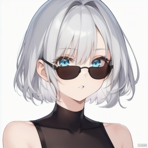  1girl, solo, looking at viewer, short hair, bangs, blue eyes, silver hair, simple background, upper body, white hair, parted lips, sunglasses, bob cut, portrait, black-framed eyewear