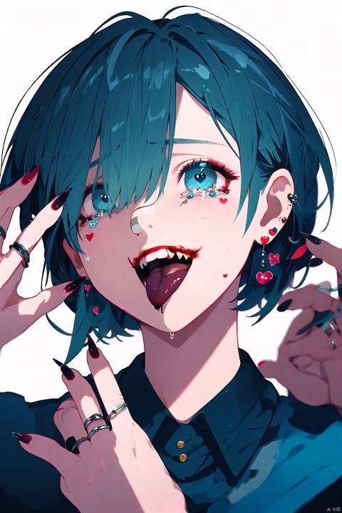 tianliang duohe fangdongye,ciloranko,solo, 1girl, bandaid, blue hair, looking at viewer, portrait, blue eyes, earrings, jewelry, ear piercing, piercing, smile, bangs, heart, close-up, tongue, open mouth, frills, short hair, aqua hair, fingernails, shadow, hand up, mask, red nails, simple background, blurry, nail polish, hair over one eye, tears, ring, blood, teeth, chromatic aberration