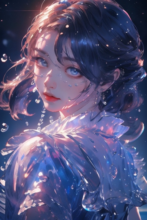 (masterpiece:1,2), best quality, masterpiece, highres, original, extremely detailed wallpaper, perfect lighting,(extremely detailed CG:1.2),eyes,close-up, light_line,water,water drop, gorgeous,multiple_colors, sunlight, galaxy,realistic, 1girl, upper body,