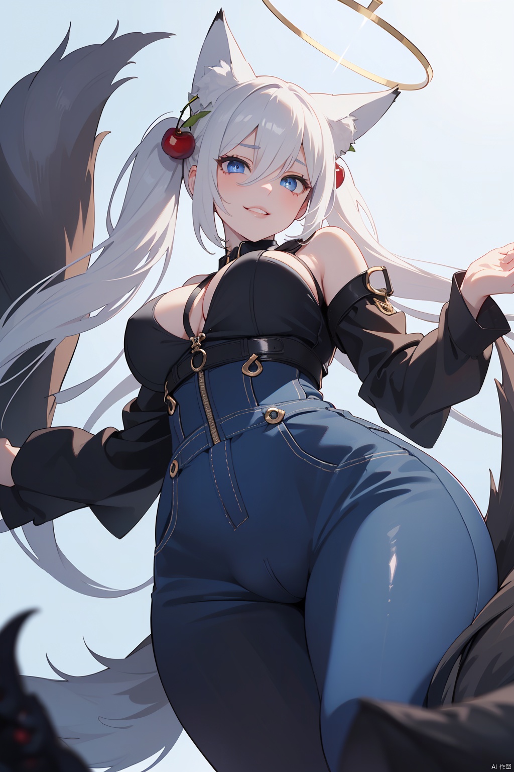 masterpiece, best quality, ultra detail, 1girl, solo, long hair, white hair, twintails, ((cherry hair ornament)), fox ears, ((fox tail)), halo, blue eyes, big breasts, large breasts, half-closed eyes, hair between eyes, ((blue overall)), ((mature woman)), ((naughty face)), mischievous grin, giantess, curvy, dramatic lighting, sexy eyes, photorealistic, hard focus, film grain, ray tracing, holding viewer, shiny skin, oily skin, (monster girl), pov, from below, simple background
