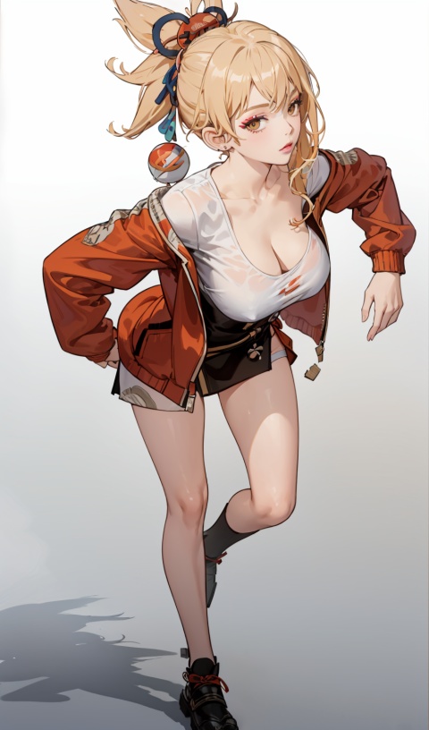  best quality,ultra high res,photoshoot, ((photorealistic::1.4),1girl,solo,brown eyes,she is wearing streetwear,cropped shirt with jacket,looking at viewer,facing front,wide angle,low angle,from bottom angle view,makeup,full body,nami,one piece,nami from onepiece,sexy,hot,yoimiya \(genshin impact\,blonde hair,ponytail,hair ornament,big_breast,cleavage,1girl,bare_legs,movement,standing,yokozuwari