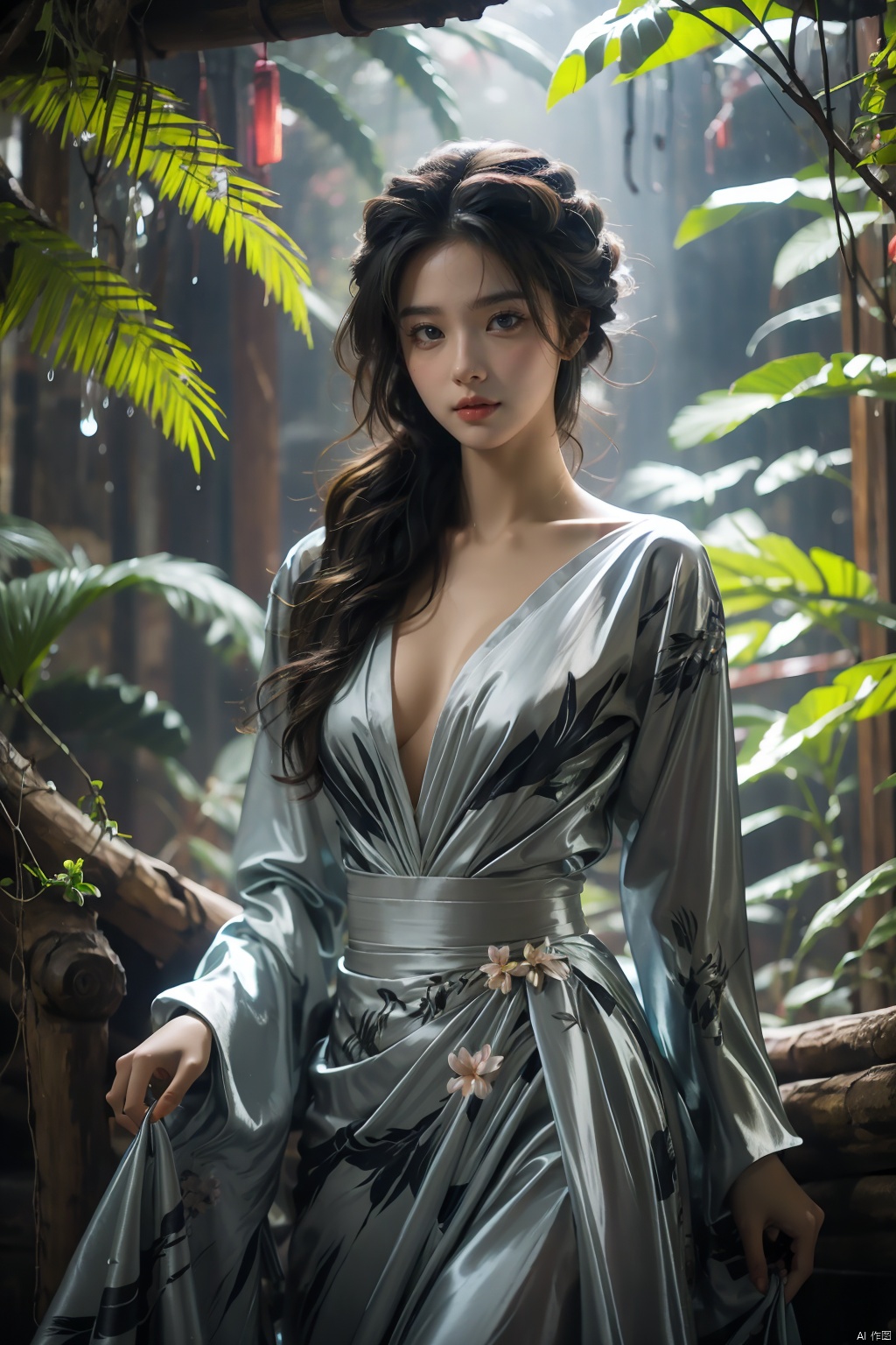  A neon-lit jungle with glowing flora and fauna,where the trees are circuit boards and the rivers flow with liquid light,a beautiful girl,Best quality,masterpiece,ultra high res,
