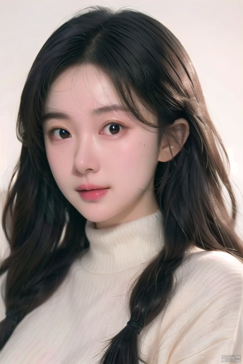  30710,miko,1girl, solo, twintails, hair ornament, looking at viewer, brown eyes, long hair, closed mouth, sweater, turtleneck, black hair, blush, forehead, upper body, turtleneck sweater, white sweater, gradient background, gradient, wangyushan, Light master