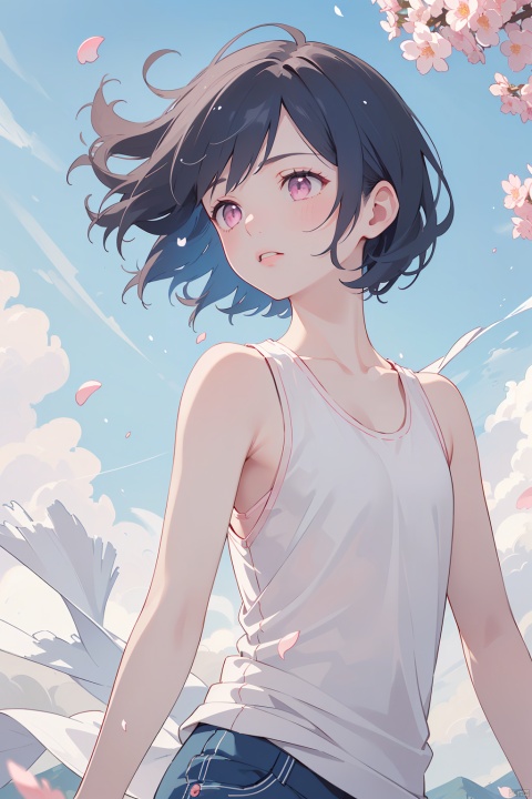 ((masterpiece)), ((best quality)), ((ultra-detailed)), (solo), (1girl), ((masculine)), ((handsome)), ((white tanktop)), ((blue short hair)), (pink eyes), ((extremely delicate and beautiful fabric)), beautiful detailed sky, (breeze), Flying splashes, Flying petals, wind, ((illustration)), looking away, upper body, raining, clouds