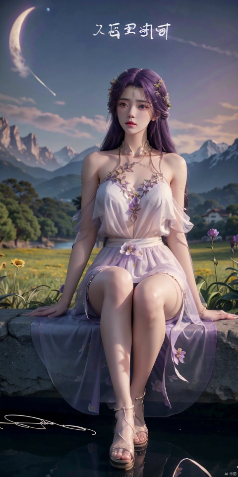  best quality, masterpiece, illustration, (reflection light), incredibly absurdres, ((Movie Poster), (signature:1.3), (English text), 1girl, girl middle of flower, pure sky,clear sky, outside, collarbone, sitting, absurdly long hair, clear boundaries of the cloth, white dress, fantastic scenery, ground of flowers, thousand of flowers, colorful flowers, flowers around her, various flowers,bare shoulders,skirt, sandals, yunxi,purple hair, BY MOONCRYPTOWOW