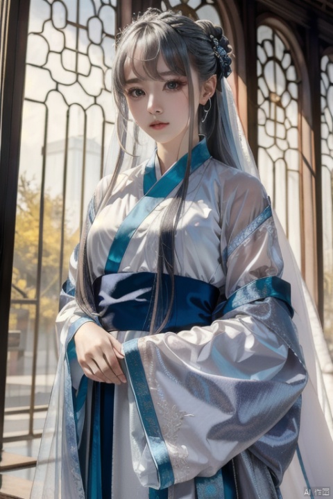  solo,highly detailed,cinematic highlight hair,best quality,masterpiece,1girl,silver hair,simple_background,ning,veil,see-through,hanfu