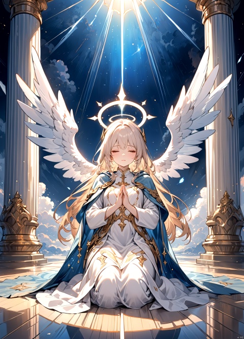  painting of a woman wearing shabby cape kneeling on the ground praying to the sky for peace.looking down. (praying:1.5).the sky is cloudy but with some sunlight rays through the clouds, light particles surrounded the woman. delicate face, pretty face, masterpiece, highres, delicate details, angel wings in the sky.celestial, ethereal, painterly, epic, magical, fantasy art, dreamy, vibrant, beautiful, detailed, textural,holy lighting, halo,Pillar of light