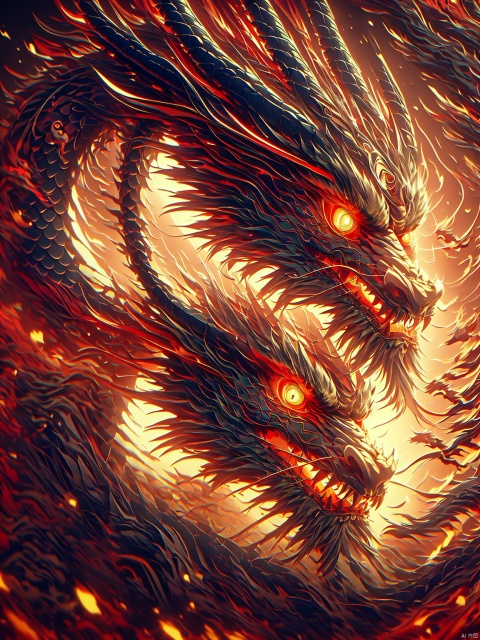  1 dragon,eastern dragon, horns, scales, no humans, glowing, solo, open mouth, dragon horns, yellow eyes, glowing eyes, fangs, (\long wang ga ma\), (\long yun heng tong\), Chinese dragon