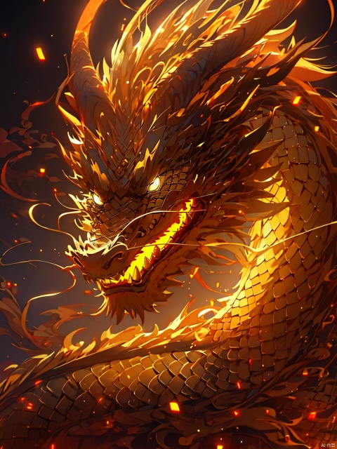  eastern dragon, horns, scales, no humans, glowing, solo, open mouth, dragon horns, yellow eyes, glowing eyes, fangs, (\long wang ga ma\), (\long yun heng tong\)