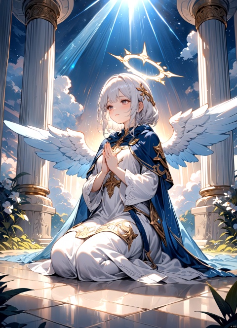  painting of a woman wearing shabby cape kneeling on the ground praying to the sky for peace.looking down. (praying:1.5).the sky is cloudy but with some sunlight rays through the clouds, light particles surrounded the woman. delicate face, pretty face, masterpiece, highres, delicate details, angel wings in the sky.celestial, ethereal, painterly, epic, magical, fantasy art, dreamy, vibrant, beautiful, detailed, textural,holy lighting, halo,Pillar of light
