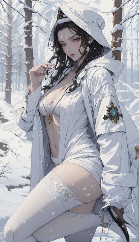  Full-body, (1girl in the Snow:1.4), black hair, White plush hat with Elk horn decoration, Holding a Sabre in hand, White sling, collarbone, (white windbreaker:1.4), (black knee length stockings:1.4,)
Shinypantyhose, black high heeled boots, winter, snow, forest, sunshine, distant red cabin, Dingdal light, warm sunshine, HD 16k, snow, winter, light master,