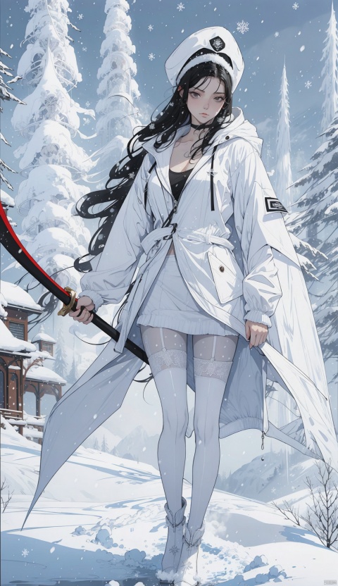 Full-body, (1girl in the Snow:1.4), black hair, White plush hat with Elk horn decoration, Holding a Sabre in hand, White sling, collarbone, (white windbreaker:1.4), (black knee length stockings:1.4,)
Shinypantyhose, black high heeled boots, winter, snow, forest, sunshine, distant red cabin, Dingdal light, warm sunshine, HD 16k, snow, winter, light master,