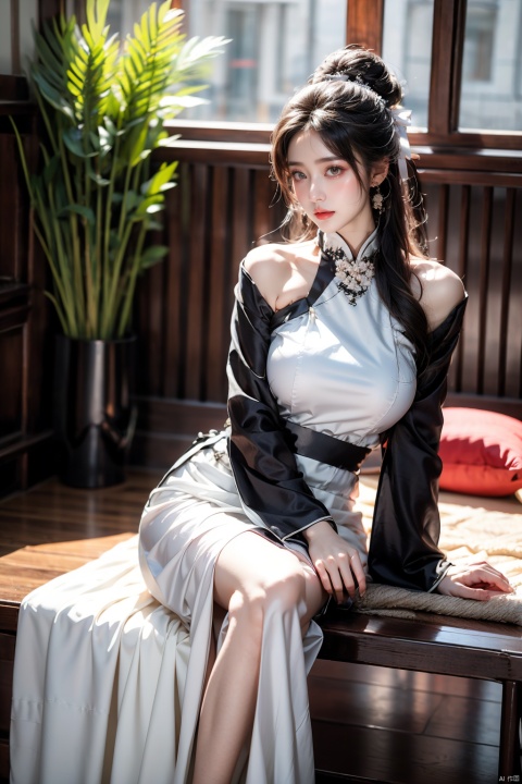  1girl, solo, long hair, black hair,Hairpins,necklace, hair ornament, long dress, full body, flower, earrings, indoors, hair bun, pink dress,(Tube top Hanfu long skirt:1.1), pillow, bed, night, chinese clothes, table, branch,daxiushan, ,daxiushan style,(huge breasts:1.6), (full breasts), realistic,hanfu, daxiushan,Shoulders are exposed, , daxiushan, arien_hanfu, ((poakl)), dress , long sleeves , hair bow