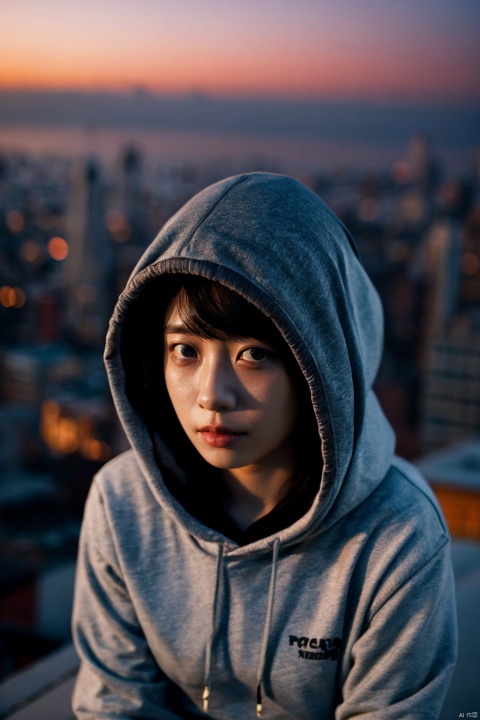 photography a mysical girl wearing hoodie, coverd head, sitting on the peak roof, the over view of futuristic cyberpunk city, looking at viewer, detailed eyes, intricate details, film grain, accent lighting, soft volumetric light, shallow depth of field, cinemagraph, night, neon lighting, floating architecture
, poakl ggll girl, Asian girl