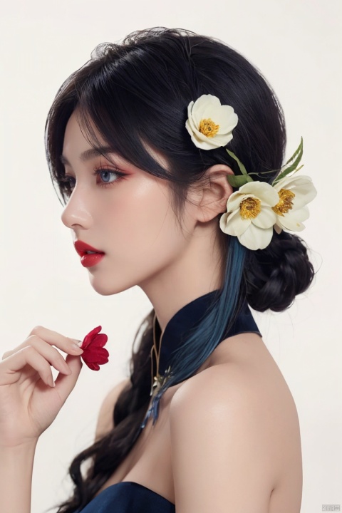  1girl, solo, hair ornament, flower, hair flower, holding a flower, perfect hands, makeup, blue hair, eyelashes, dacing, white background, black hair, eyeshadow, lips, profile, parted lips, chinese clothes, red lips, bare shoulders, upper body, lipstick, simple background,,((poakl)),,