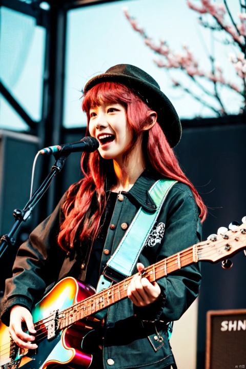  1boy, bangs, bass_guitar, belt, black_hair, black_jacket,blurry, blurry_background,cherry_blossoms, concert, confetti, electric_guitar, guitar, hat, holding, holding_instrument, instrument, jacket, long_hair, microphone, microphone_stand, multicolored_hair, music, open_clothes, open_jacket, open_mouth, petals, playing_instrument, plectrum, red_hair, shirt, smile, solo, spotlight,stage,streaked_hair,迪士尼, (\MBTI\), (\shen ming shao nv\), (/qingning/), maolilan, Asian girl, ((poakl))