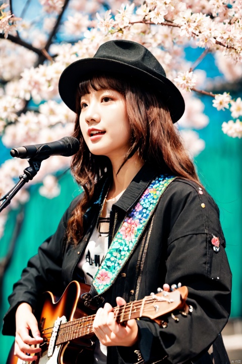 1boy, bangs, bass_guitar, belt, black_hair, black_jacket,blurry, blurry_background,cherry_blossoms, concert, confetti, electric_guitar, guitar, hat, holding, holding_instrument, instrument, jacket, long_hair, microphone, microphone_stand, multicolored_hair, music, open_clothes, open_jacket, open_mouth, petals, playing_instrument, plectrum, red_hair, shirt, smile, solo, spotlight,stage,streaked_hair,迪士尼, (\MBTI\), (\shen ming shao nv\), (/qingning/), maolilan, Asian girl, ((poakl))