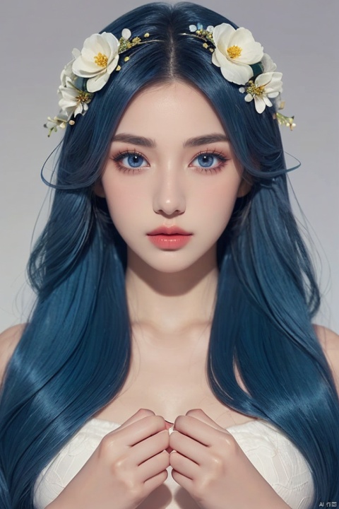  1girl,solo,hair ornament,flower,hair flower,perfect hands,makeup,blue hair,eyelashes,show her hands,((poakl)),,