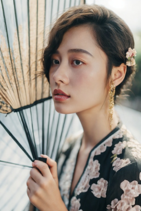  
1 girl, solo, long hair, black hair, hair accessories, dress, hold, bare shoulders, standing, eyes closed, flower, hair bow, outdoor, wide sleeves, white dress, blurry, from the side, perspective, side, hand fan, hold fan, paper fan
From the side, looking at the audience with a slight smile, solo, exquisite facial features,
Masterpiece, best quality, 8k resolution, absurd, extremely detailed, highly detailed,
Ray tracing, telephoto lenses, movie angles, Asian girl, zjy, poakl ggll girl, ((poakl))