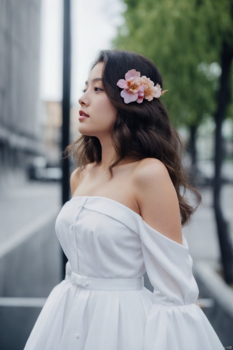  
1 girl, solo, long hair, black hair, hair accessories, dress, hold, bare shoulders, standing, eyes closed, flower, hair bow, outdoor, wide sleeves, white dress, blurry, from the side, perspective, side, hand fan, hold fan, paper fan
From the side, looking at the audience with a slight smile, solo, exquisite facial features,
Masterpiece, best quality, 8k resolution, absurd, extremely detailed, highly detailed,
Ray tracing, telephoto lenses, movie angles, Asian girl, zjy, poakl ggll girl, ((poakl))