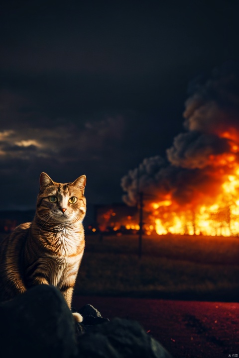 cinematic film still anime artwork, cfb, cat foreground, a house on fire, background, vibrant, highly detailed, shallow depth of field,, cinemascope, moody, epic, gorgeous, film grain, grainy,meme,parody