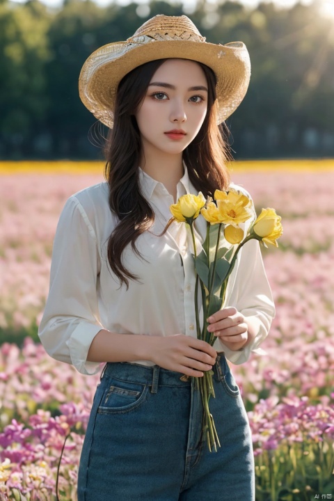  best quality,HDR,UHD,8K,Vivid Colors,solo,photo_,(1girl:1.3),(standing, holding flowers:1.3),(looking at viewer:1.4),Elegant,detailed gorgeous face,(cowboy shot:1.2),morning,(flower field background:1.2),black eye,sunlight,dappled sunlight,marginal light,Twinkle,ribbon,((poakl)),,