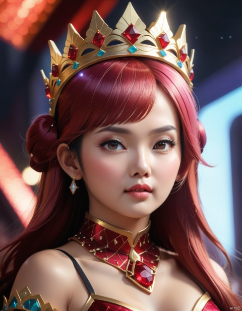  ((best quality)), ((masterpiece)), (detailed), close-up, person wearing costume, (Behance contest winner:1.2), fantasy art, crown of giant rubies, 3D goddess portrait, style of Ross Tran, captivating lighting, 8k resolution, striking facial expression, (elaborate costume details:1.3), vibrant colors, powerful presence, (ethereal glow:1.1), (masterpiece,best quality,ultra_detailed, highres, absurdres:1.2), tianqi