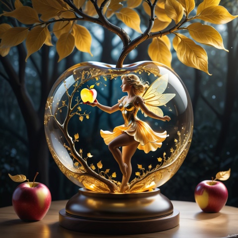 photograph, photorealistic, ultra-realistic, intricately detailed, wide angle, fine fractal glossy vivid colored shiny contours outlines of a glass apple with a ("a glowing golden flying female fairy uses her wand to transform a tree to solid gold.") inside, surreal, gradient, windy, petals floating on the wind, swirling ribbons of ink and light. linquivera, liiv1