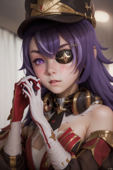  (masterpiece,best quality,ultra_detailed, highres, absurdres:1.2), 1girl, hevreuse_\(genshin_impact\), (shy:1.2),blush,eyepatch, looking down,