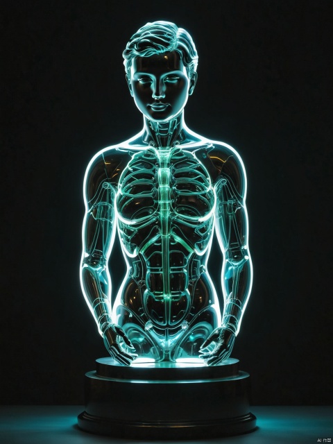 Transparent and glowing human body glass statue