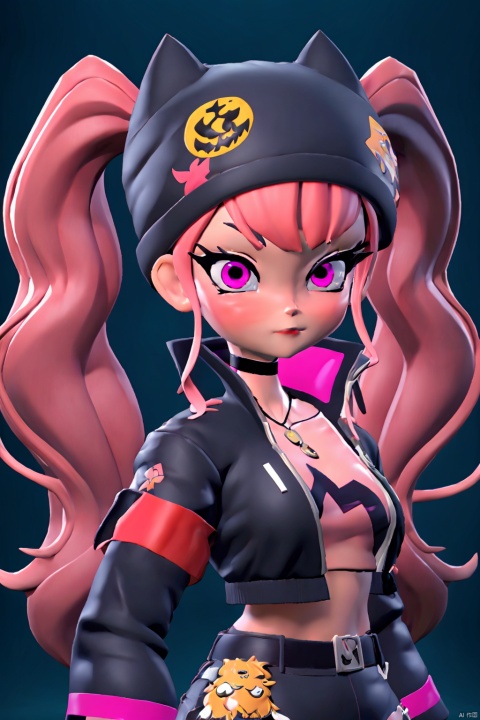 masterpiece, best quality,ZOE,1girl,jacket,multicolored hair,twintails,solo,black hair,black belt,black jacket,pink eyes,belt,hat,pink hair,choker,black choker,looking at viewer,crop top,jewelry,breasts,necklace,bangs,long hair,black headwear,