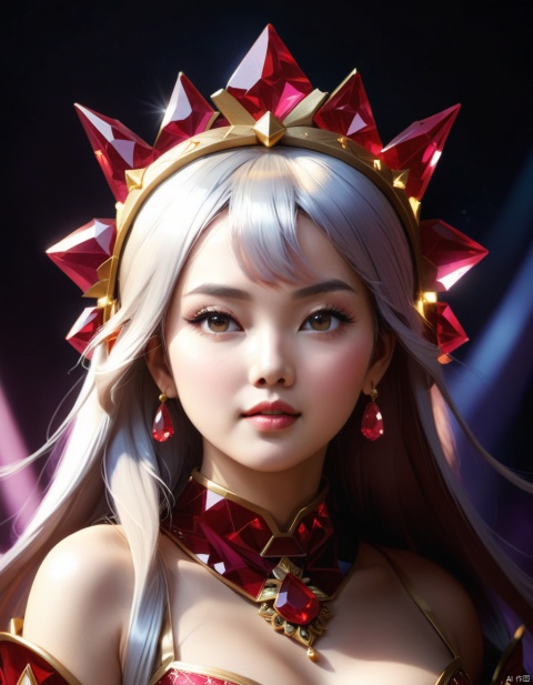  ((best quality)), ((masterpiece)), (detailed), close-up, person wearing costume, (Behance contest winner:1.2), fantasy art, crown of giant rubies, 3D goddess portrait, style of Ross Tran, captivating lighting, 8k resolution, striking facial expression, (elaborate costume details:1.3), vibrant colors, powerful presence, (ethereal glow:1.1), (masterpiece,best quality,ultra_detailed, highres, absurdres:1.2), tianqi