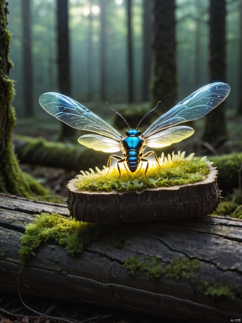 Glowing transparent insect, fused with mushroom, forest, on a mossed log