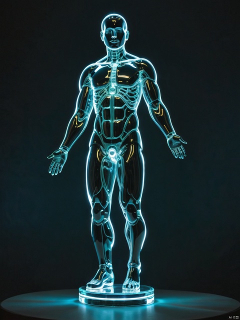 Transparent and glowing human body glass statue