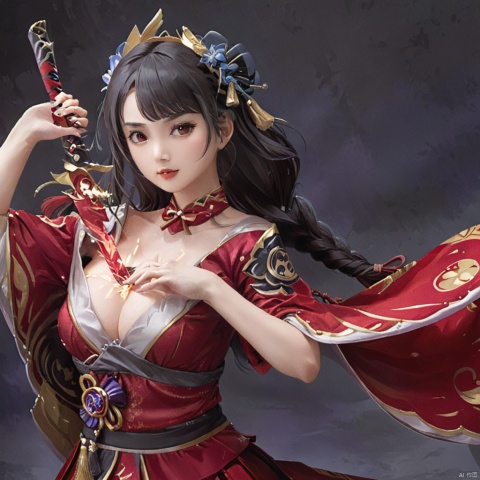  1girl,  tianqi is pulling a blade from her chest,red and gold clothes.