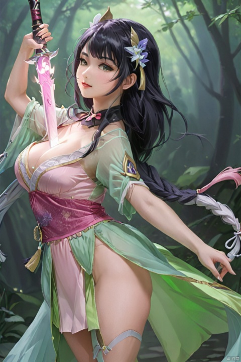  a girl is pulling a sword from her chest, dancedress,fantasy
, game cg.pink and green clothes,black hair,middle_breasts,2.5d,
zgirl, tianqi, from_side