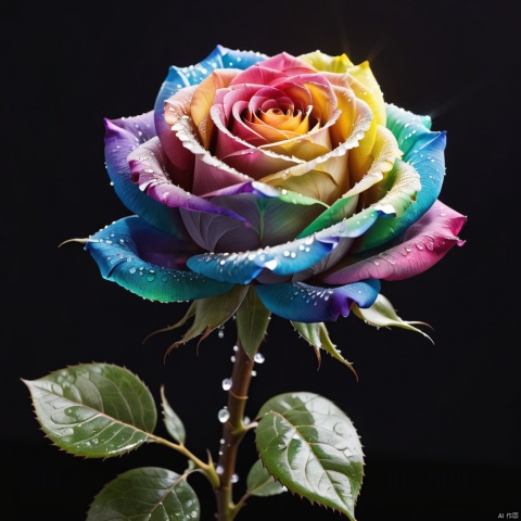 a crystal rainbow rose, dark background