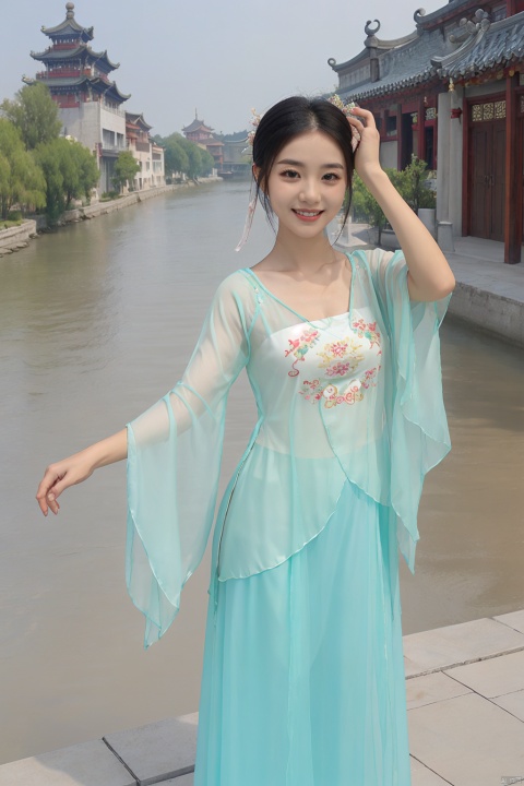  best quality,highly detailed,dancing ,
dancedress, smile,headwear, see_through, river, Chinese architecture, dancedress,