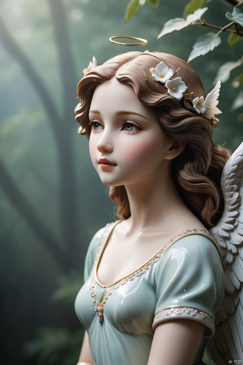 Capture the nostalgic essence of a pristine porcelain figurine embodying the simplicity and dreams of a querubin angel,gazes wistfully into the sky, Delicately adorned with subtle yet colorful painting, this piece evokes an era of elegance and longing. Ensure high-quality capture to preserve the intricate details and the timeless charm of this figurine. Immaculate craftsmanship, high-quality capture. very detailed, atmospheric haze, Film grain, cinematic film still, shallow depth of field, 