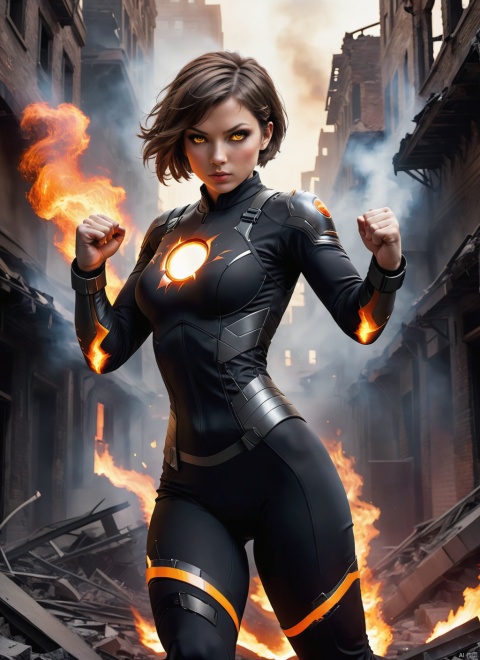 fighting , glowing eyes, short hair,torn tight supersuit, in a destroyed city, smoke and fire, glowing power aura, dynamic pose, dynamic view,fists