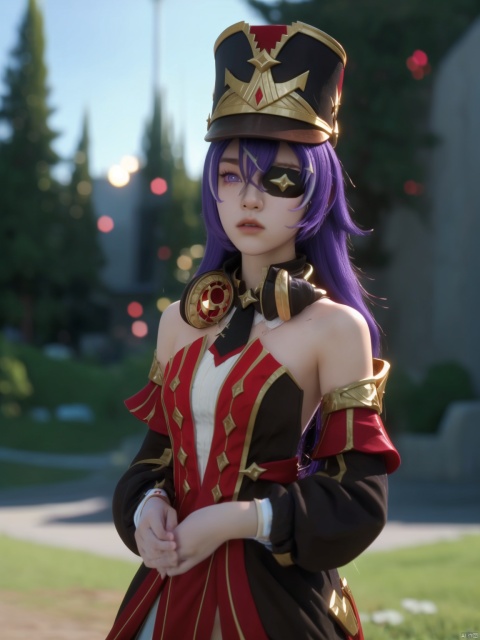 cinematic film still hevreuse_\(genshin_impact\),upper body,cosplay,purple eyes,eyepatch,hat, (masterpiece,best quality,ultra_detailed, highres, absurdres:1.2), . shallow depth of field, vignette, highly detailed, high budget, bokeh, cinemascope, moody, epic, gorgeous, film grain, grainy