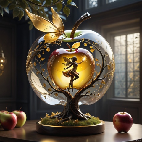 photograph, photorealistic, ultra-realistic, intricately detailed, wide angle, fine fractal glossy vivid colored shiny contours outlines of a glass apple with a ("a glowing golden flying female fairy uses her wand to transform a tree to solid gold.") inside, surreal, gradient, windy, petals floating on the wind, swirling ribbons of ink and light. linquivera, liiv1