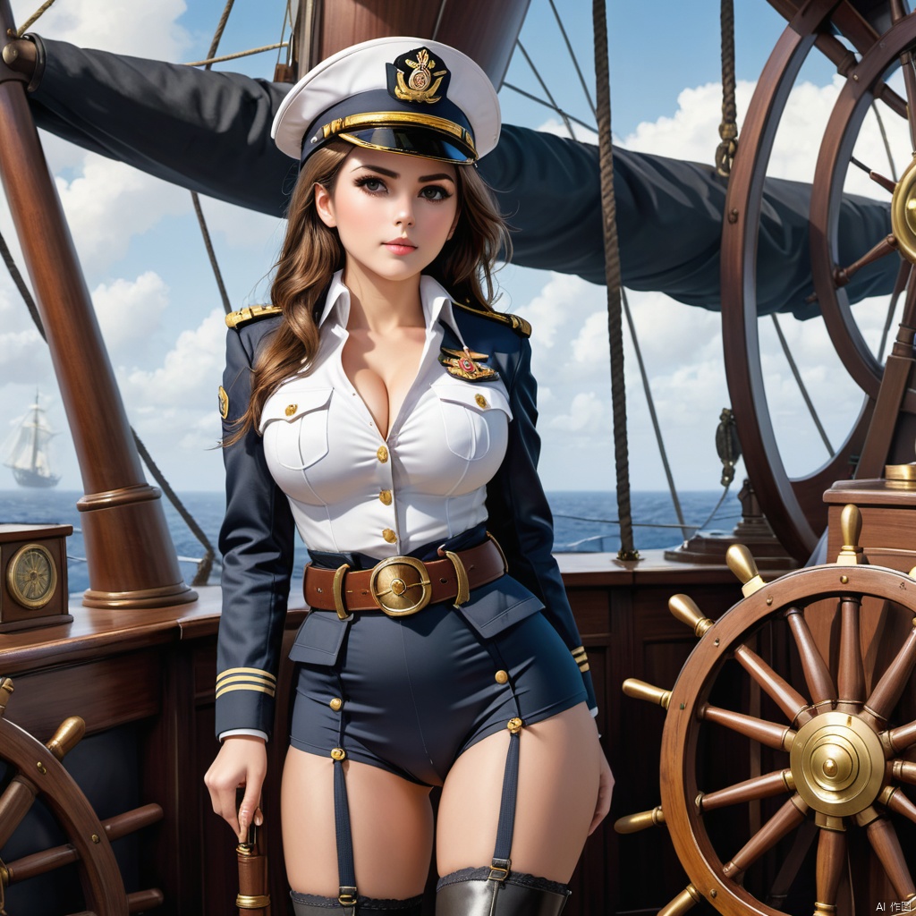  1girl, PVC,(breasts out,Underwear:1.3), best quality,masterpiece,She's dressed in a white captain's uniform, with golden buttons and epaulettes on the jacket that signify her authority. A wide belt cinches her waist, and long boots accentuate her legs. A captain's hat rests on her head, and she holds a telescope in hand, standing by the ship's wheel, her eyes filled with determination and confidence, as if guiding the vessel toward uncharted waters,