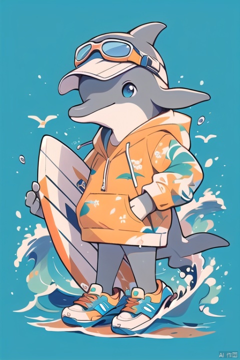  (\lang lang\), surfboard, hat, blue eyes, holding, shoes, blue background, floral print, solo, water, hood, sneakers, baseball cap, starfish, furry, sunglasses, white headwear, shirt, blue footwear, full body, hood down, whistle, standing, looking at viewer, bird, hoodie, dolphin, eyewear on headwear, male focus, waves, goggles