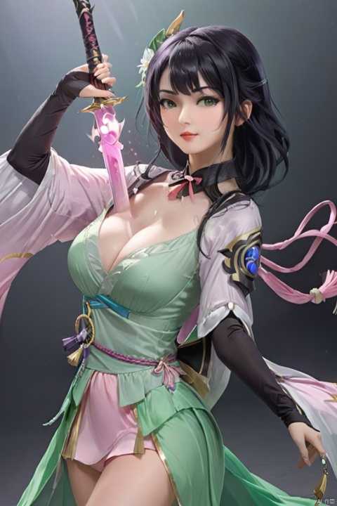  a girl is pulling a sword from her chest, dancedress,fantasy
, game cg.pink and green clothes,black hair,middle_breasts,2.5d,
zgirl, tianqi, from_side